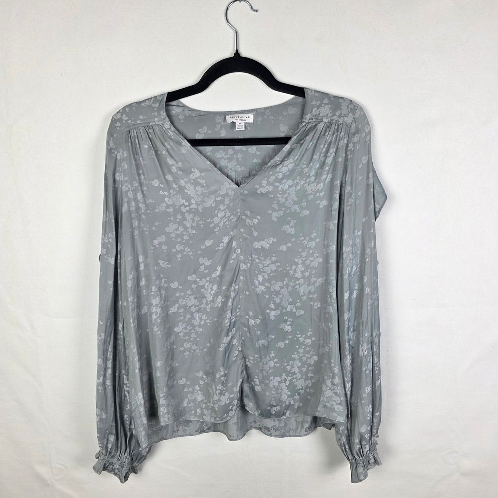 Current Air Los Angeles Ruffle Sleeve Jacquard Leopard V-Neck Blouse Gray Blue M